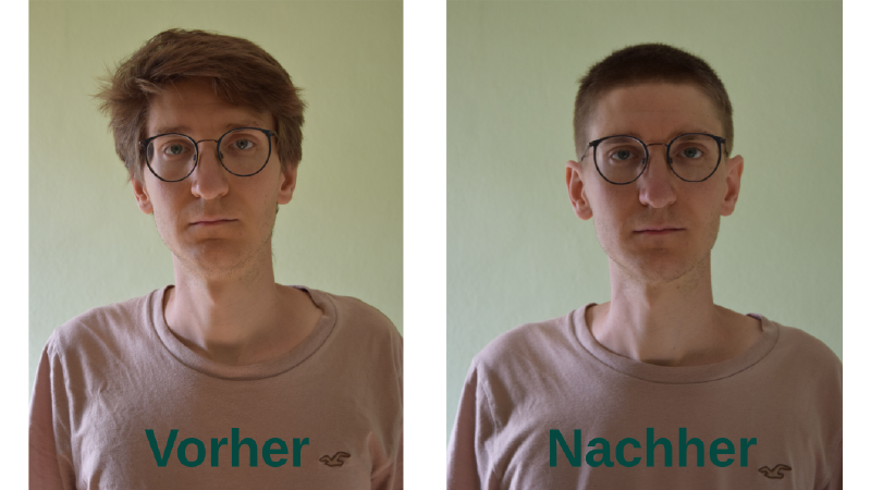Zwei Photos von Felix nebeneinander: Links direkt vor dem Friseur, richts direkt danach